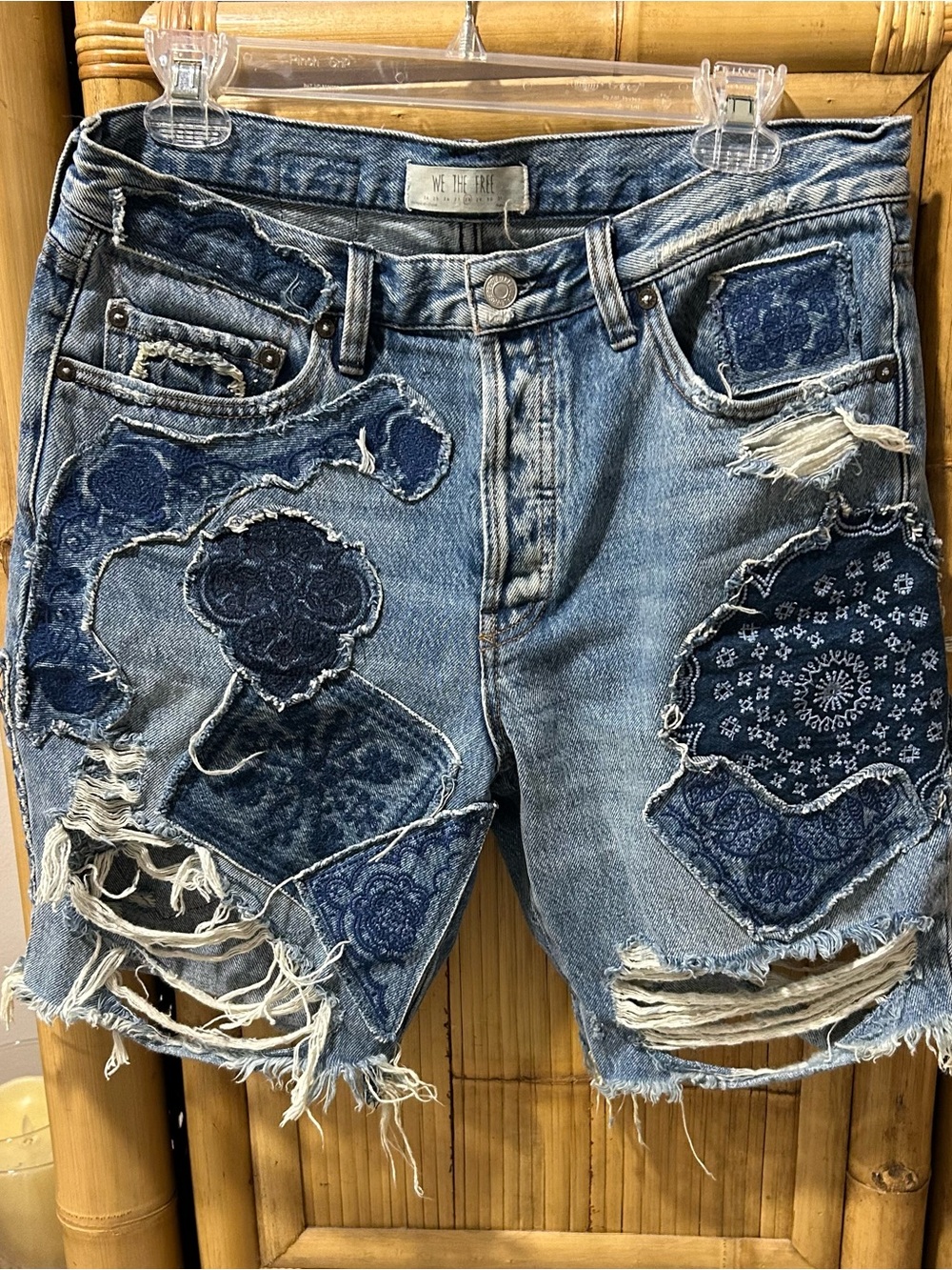 Free People We The Free Distressed Patchwork Long Denim Shorts